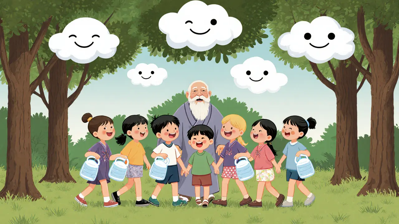 Skupina dětí v lese na léčebném táboře pije vodu, všichni se smějí, příroda je jejich společný prostor.