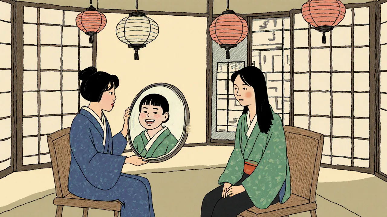 Terapeut a klient sedí v tradičním prostředí, terapeut drží zrcadlo, které odráží mladší verzi klienta.