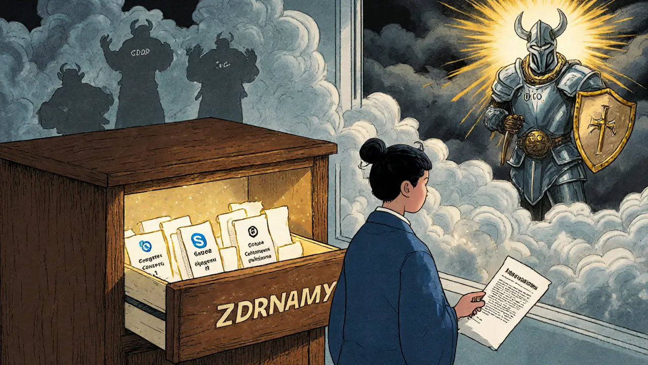 Terapeut otevírá šifrovaný archiv s označením GDPR a EU server, zatímco nebezpečné nástroje jsou vyháněny.