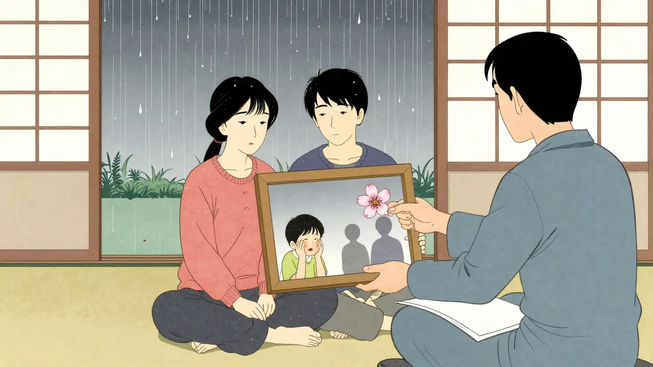 Terapeut vedle páru drží rámec s dětskými vzpomínkami, květina spojuje jejich ruce.