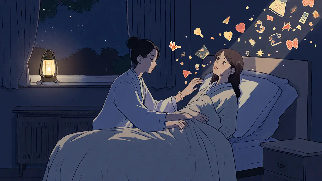 Intervener jemně dotýká ženu v nemocnici, kolem nich se rozpouští symboly šoku a dechu.