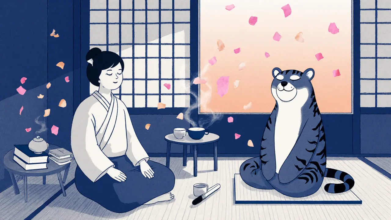 Klient a terapeut v klidné místnosti s čínskými clonami a květy meruňkového stromu.