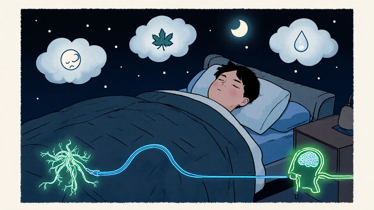 Osoba spí v klidné místnosti, kolem ní plavou obláčky připomínající výdechy, symbolizující přechod k uvolnění.