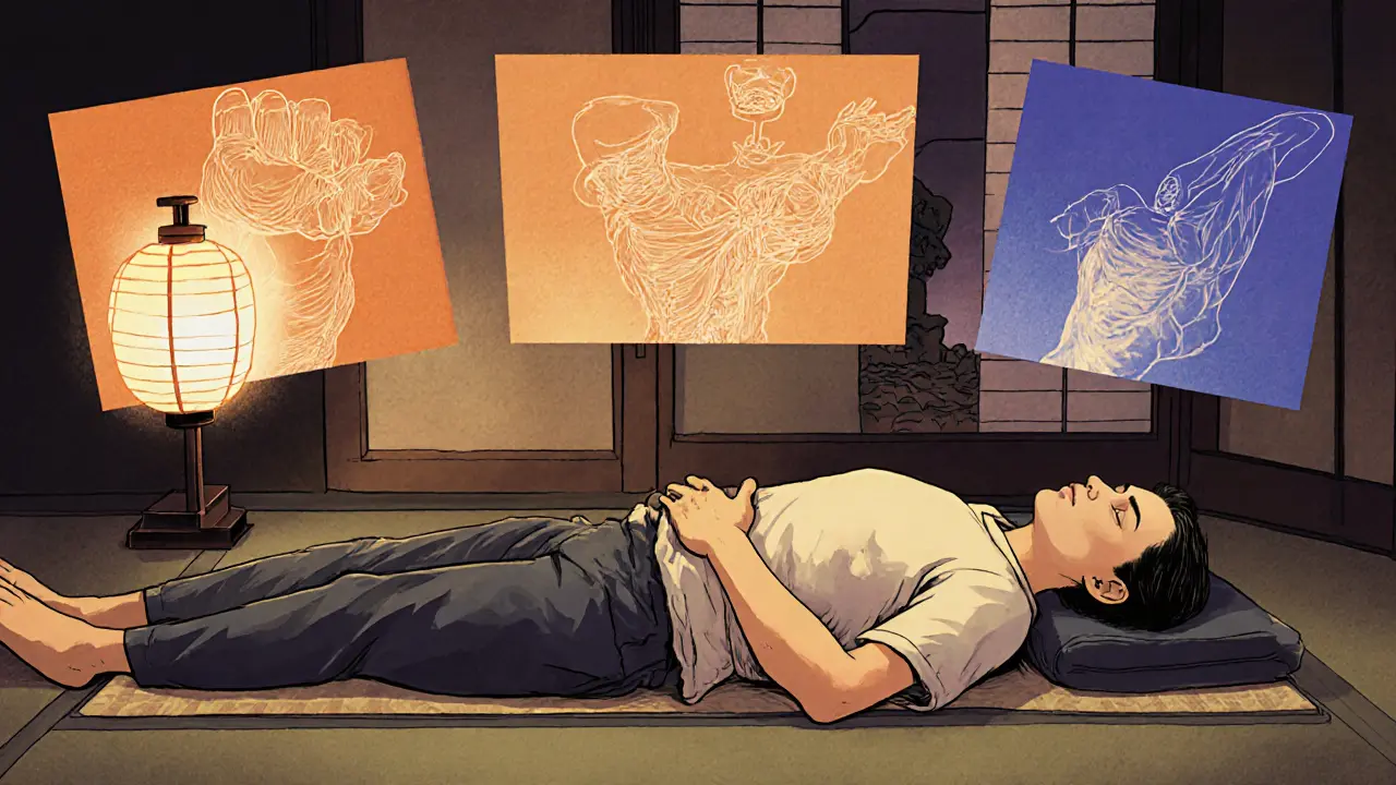 Postupná uvolňování svalů těla v ležící osobě, znázorněno jako teplé a studené odstíny v klasickém ukiyo-e stylu.