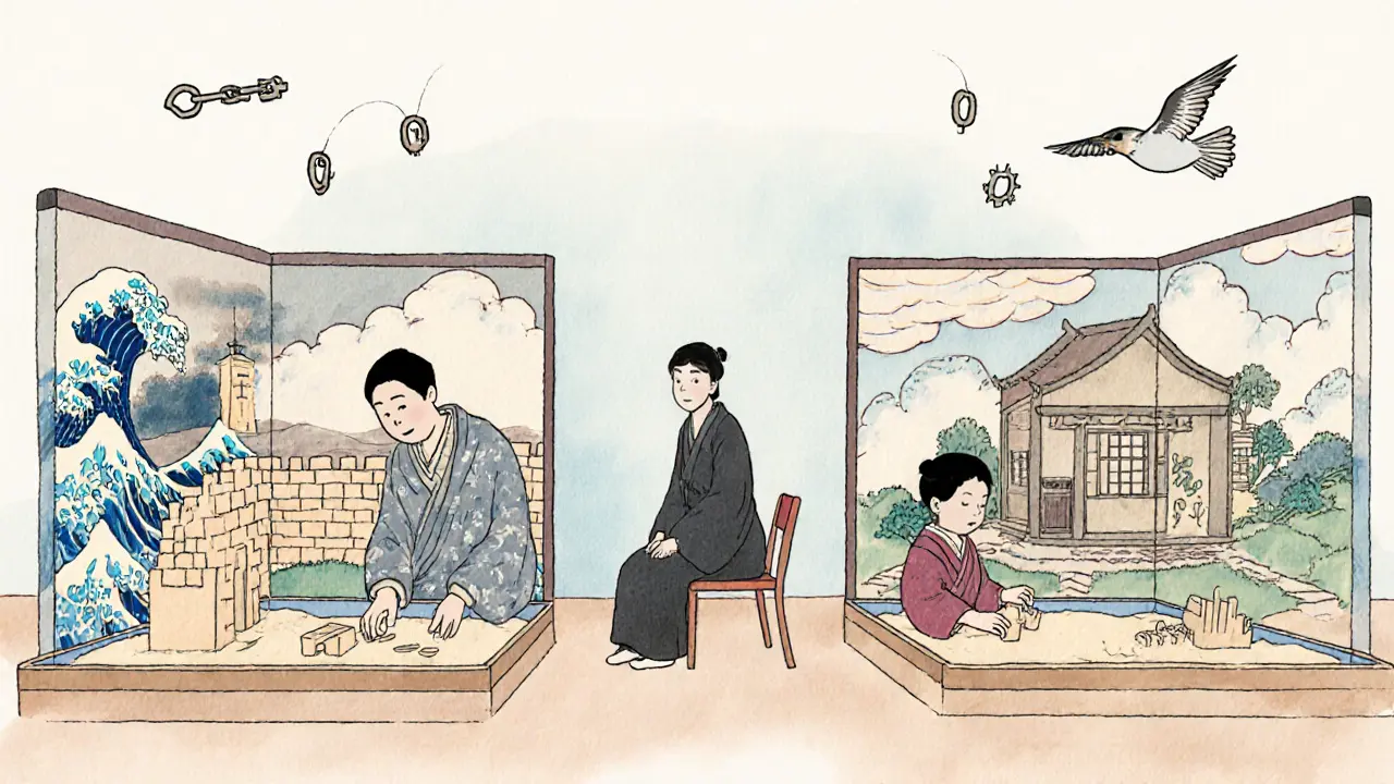 Rodič a dítě vedle sebe vytvářejí vlastní světy v pískovištích.