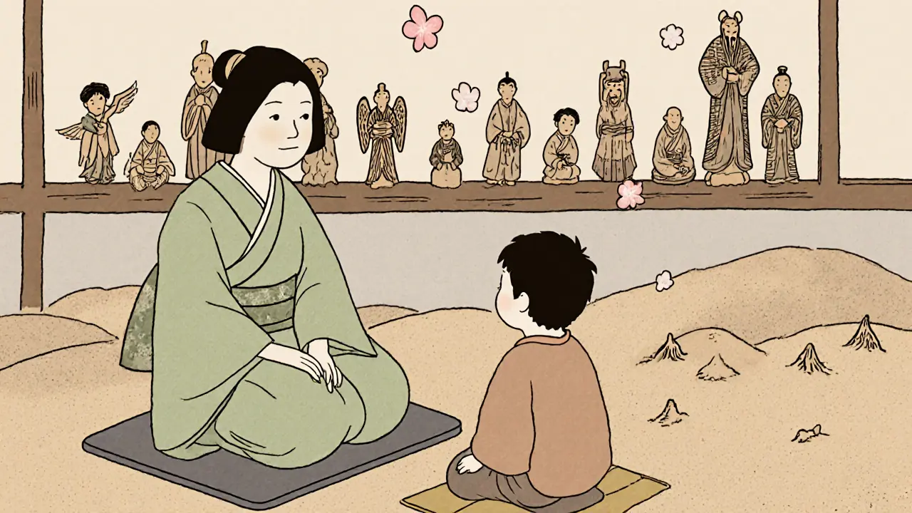 Terapeut pozoruje dítě, které vytváří scénu v pískovišti s figurkami.