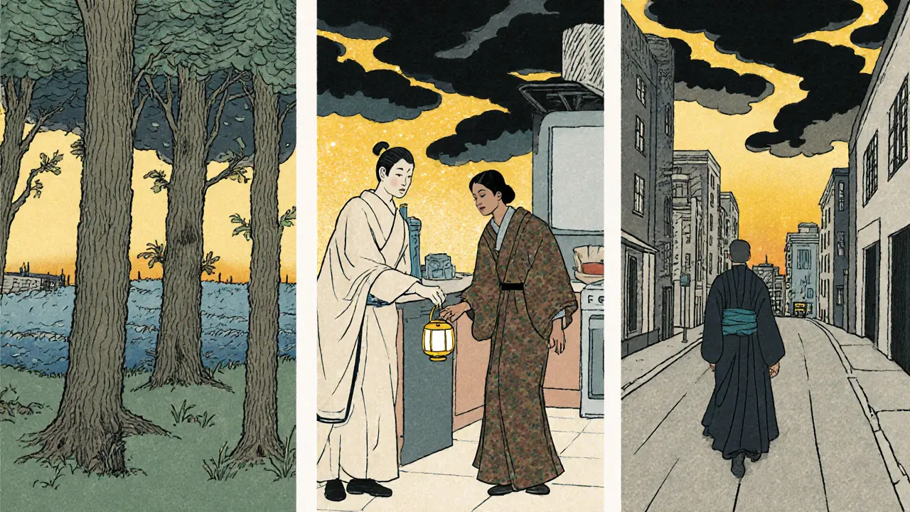 Tři lidé v různých situacích jsou přístupováni intervenerem s lampionem, temno se mění ve světlo.