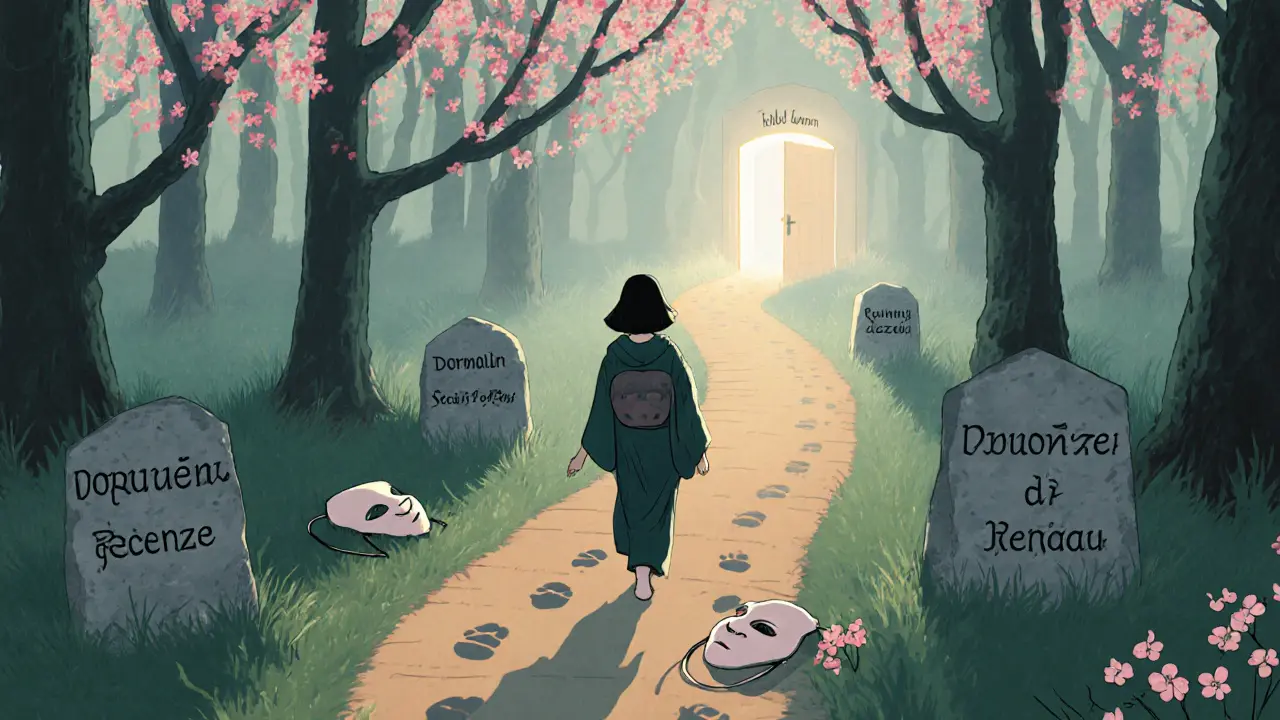 Žena jde cestou s kameny označenými doporučení, recenze a první sezení, kde se otevírá dveře do sebe sama.