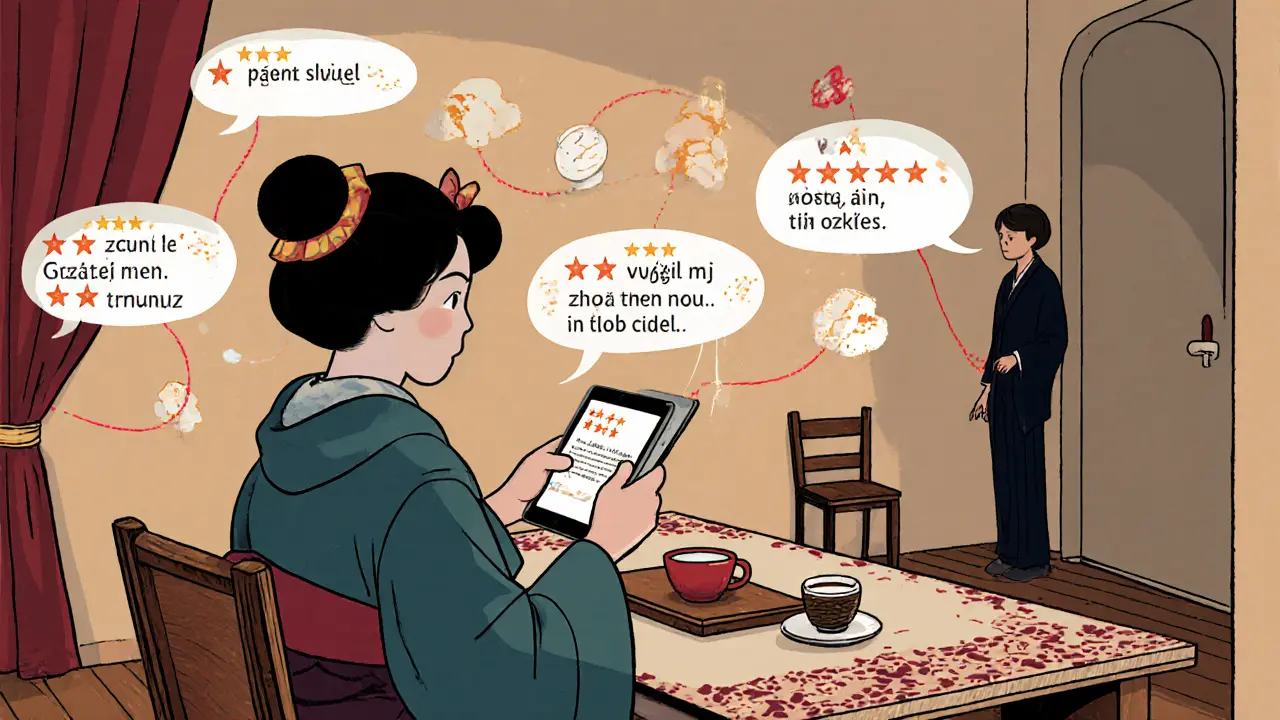 Žena prochází digitálními recenzemi nad českým čajovým stolem, zatímco terapeut stojí klidně v pozadí.