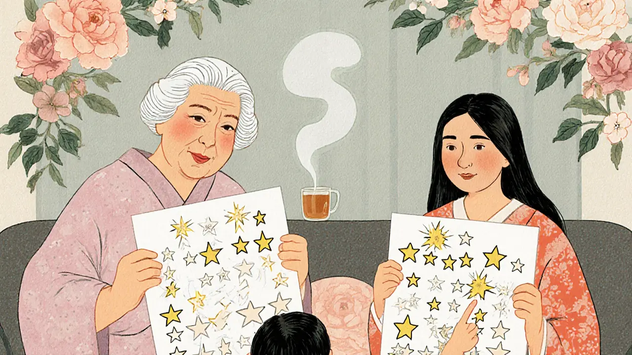 Babička a máma společně sledují tabulku hvězdiček, dítě ukazuje na dokončený sloupec.