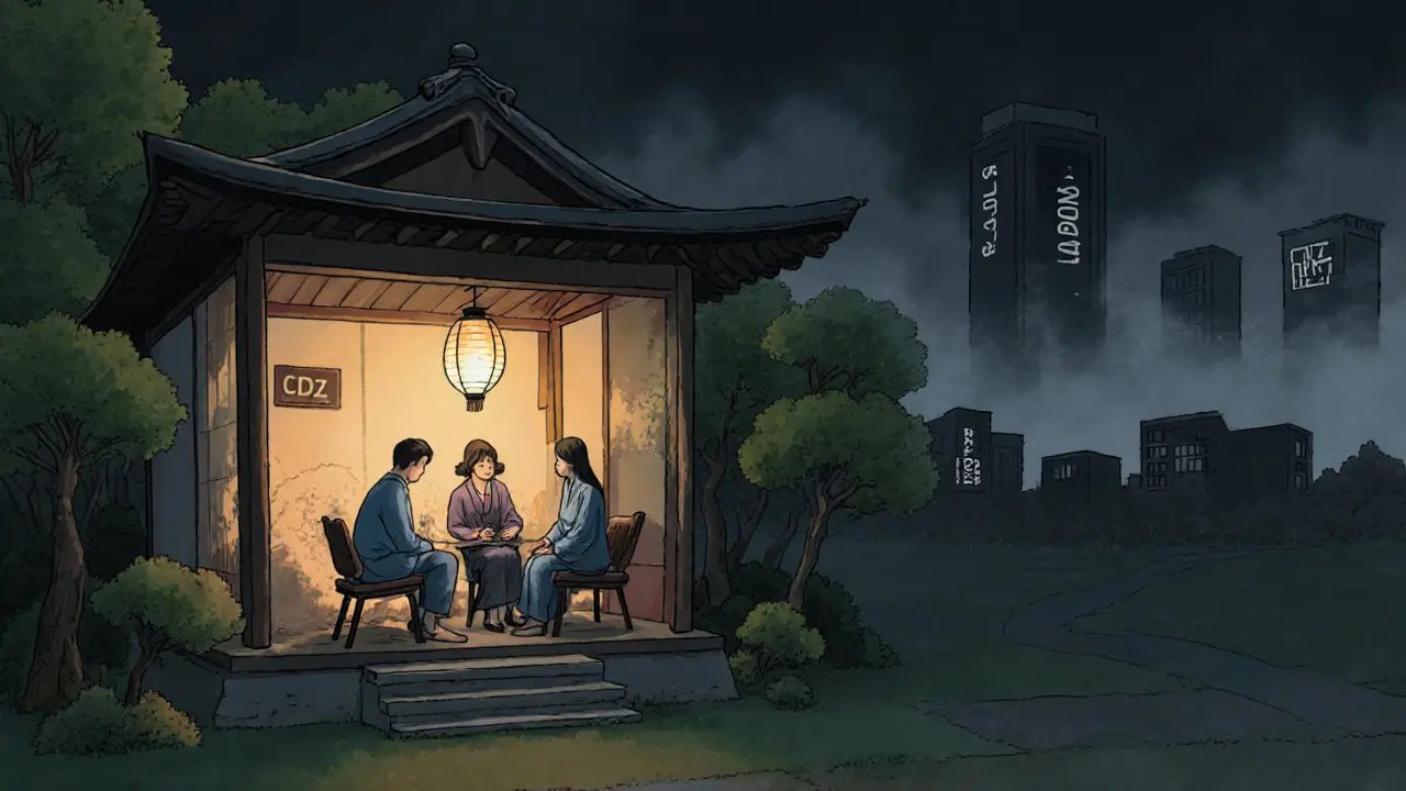 Centrum duševního zdraví jako klidný pavilon s týmem odborníků a klientem.