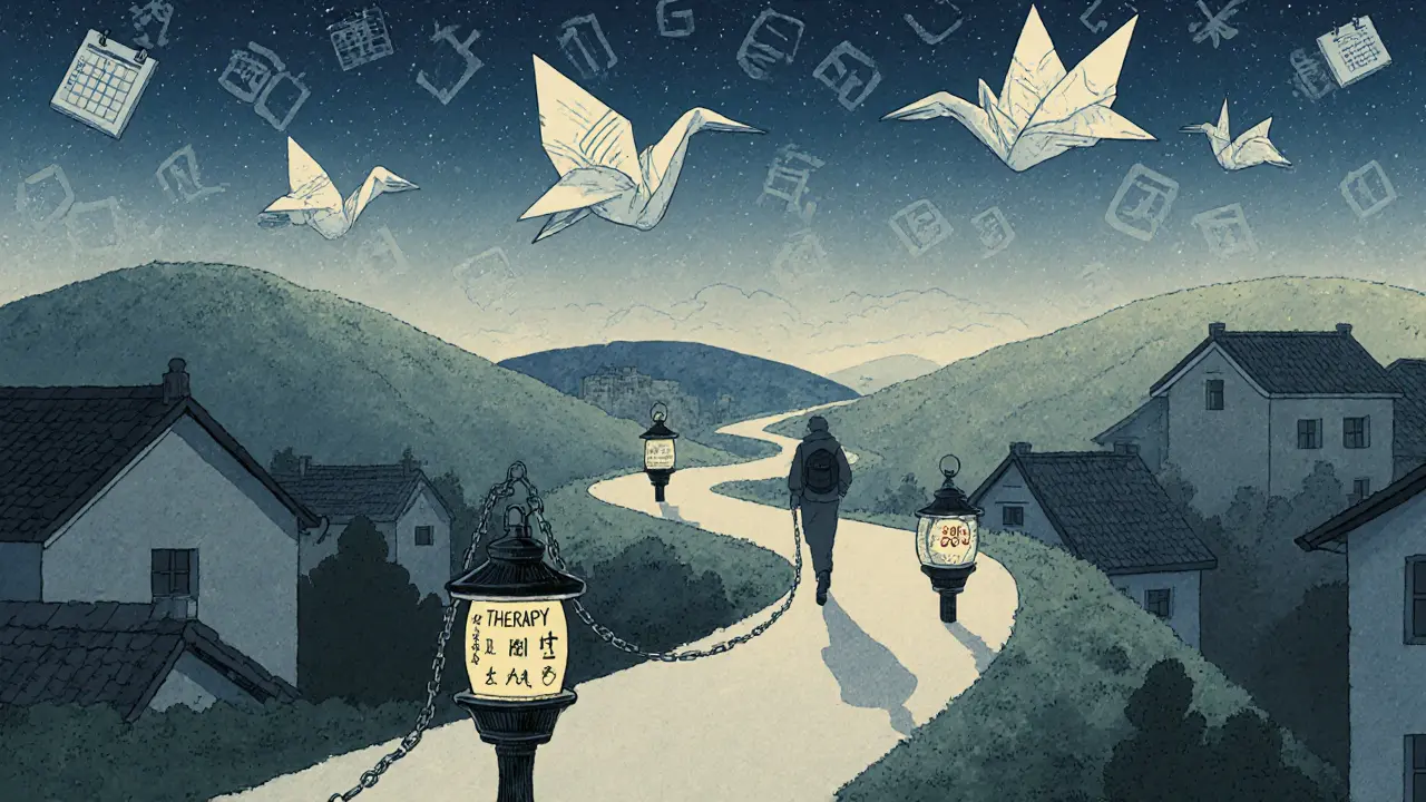 Cesta k soběkontrole s lampiony označenými léčbou a zvládáním.