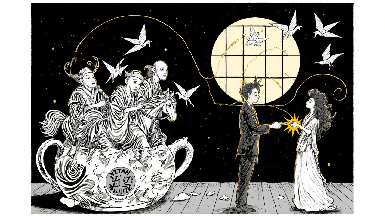 Čtyři duchovní jezdci vycházejí z rozbitého hrnčíku, dvojice se dotýká zlatou nití.