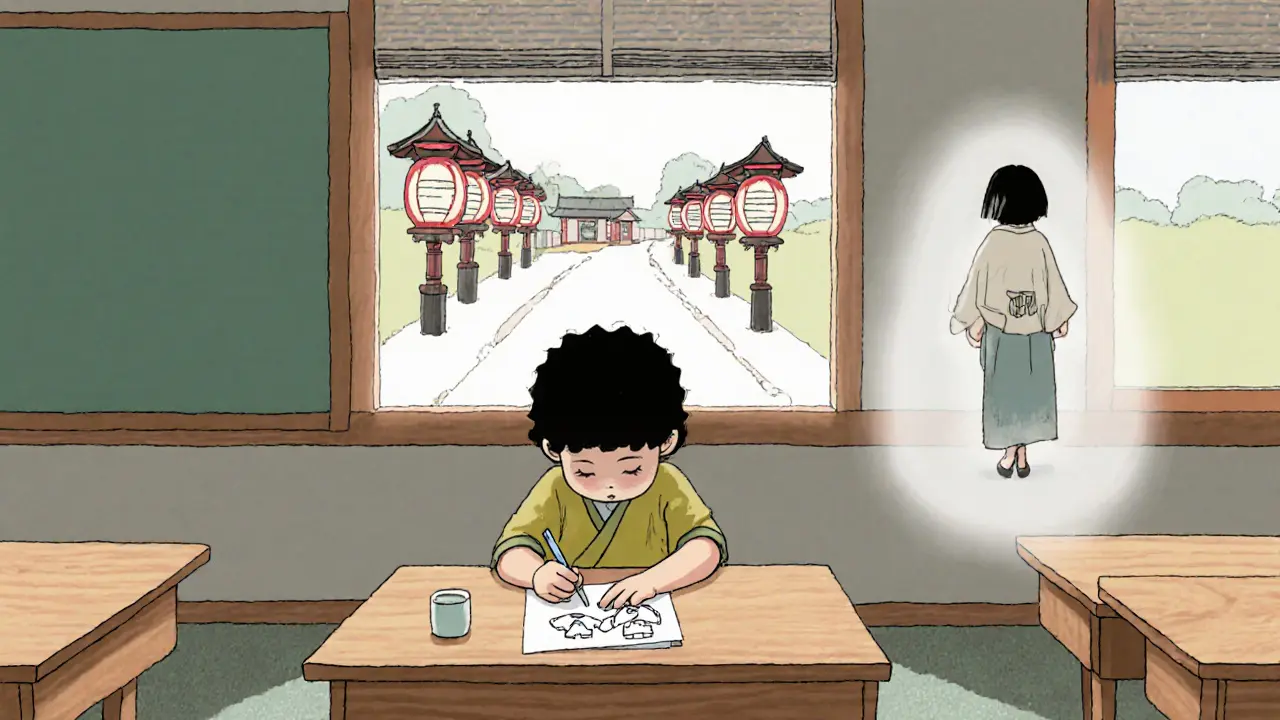 Dítě kreslí domeček s rodiči ve třídě, venku se rodič vzdaluje.