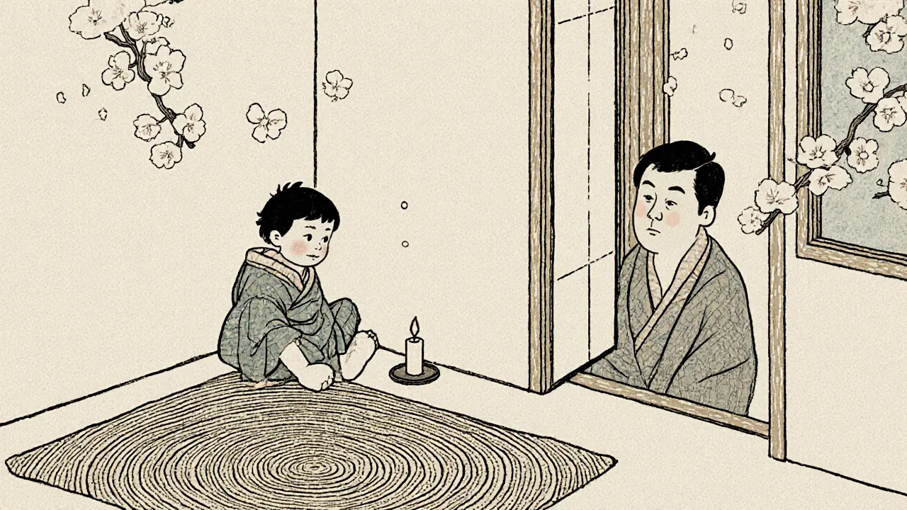 Dítě sedí klidně v časové pauze, otec se dívá s úsměvem, bez hraček, jen svíčka a koberce.