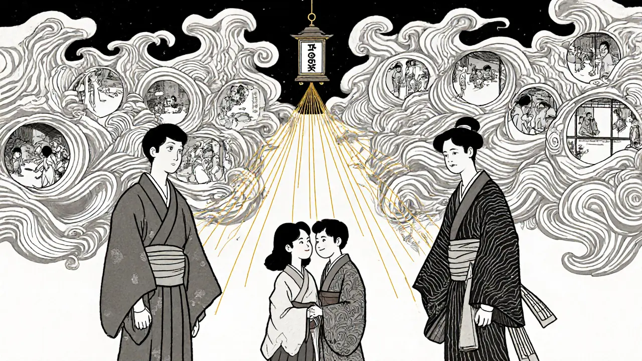 Dva terapeuti spojují vnitřní světy páru pomocí zlatých nití mezi minulostí a současností.