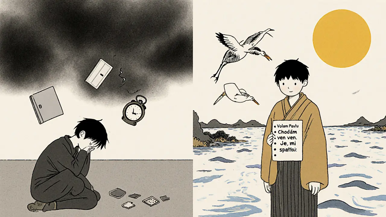 Dvě scény: jedna s osamělou postavou pod mraky, druhá s tou samou postavou pod sluncem s jednoduchým plánem.