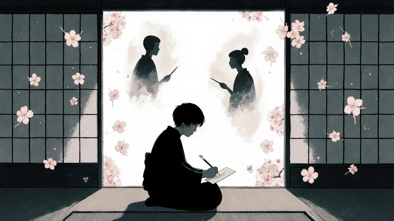 Jedna osoba sama v místnosti, kolem ní plavou stíny partnera a terapeuta.