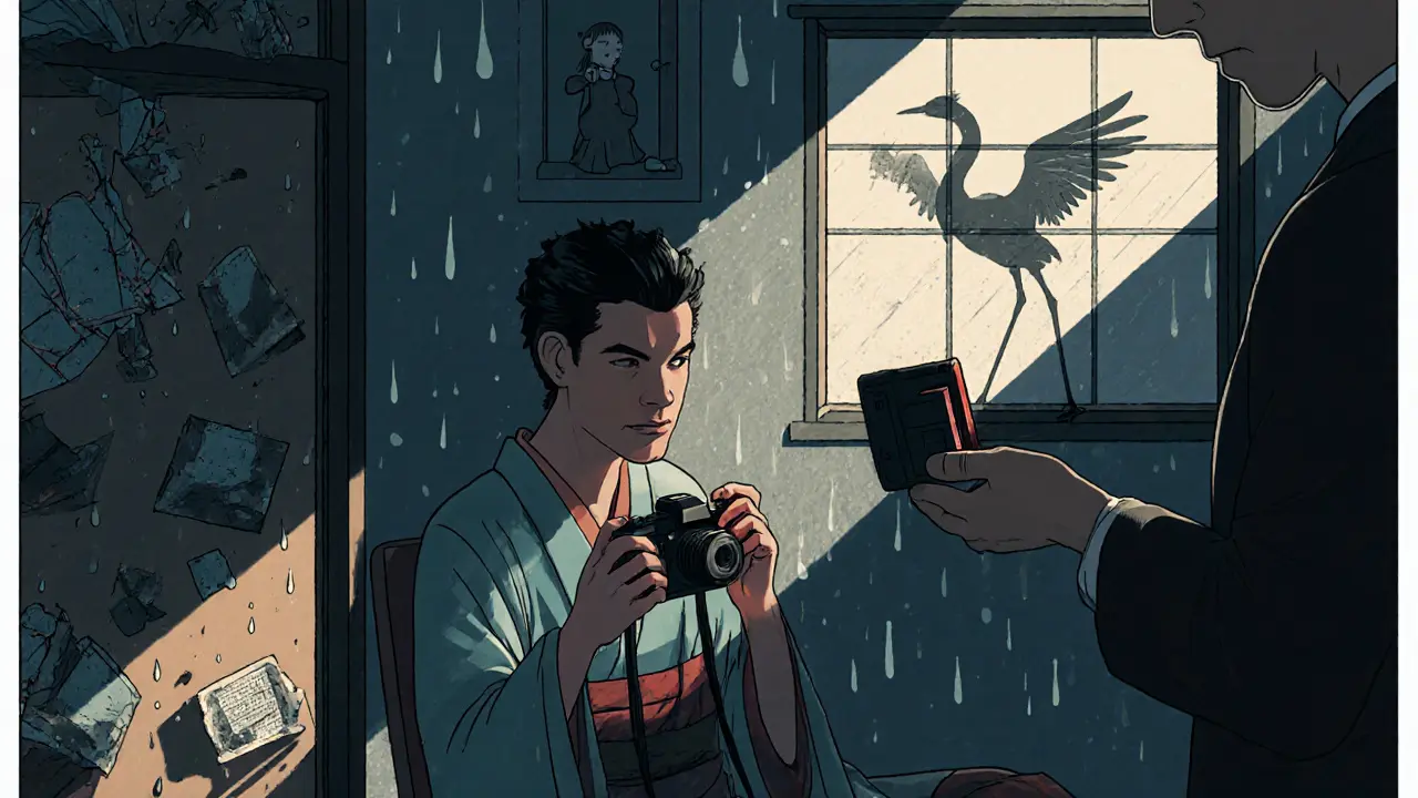 Klient drží fotoaparát, který mění barvu, kolem něj se vznášejí kousky vzpomínek v ukiyo-e stylu.