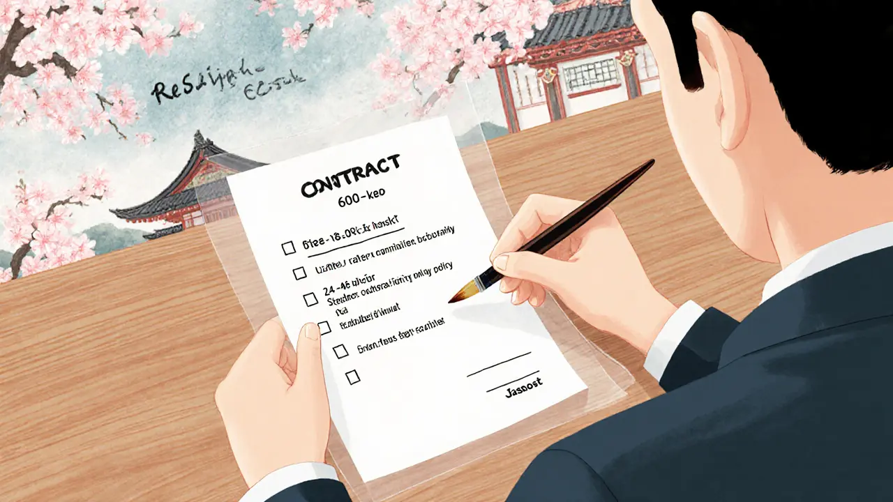 Klient přečítá smlouvu s jasnými podmínkami ceny a storna, okolo květy a japonské motivy.