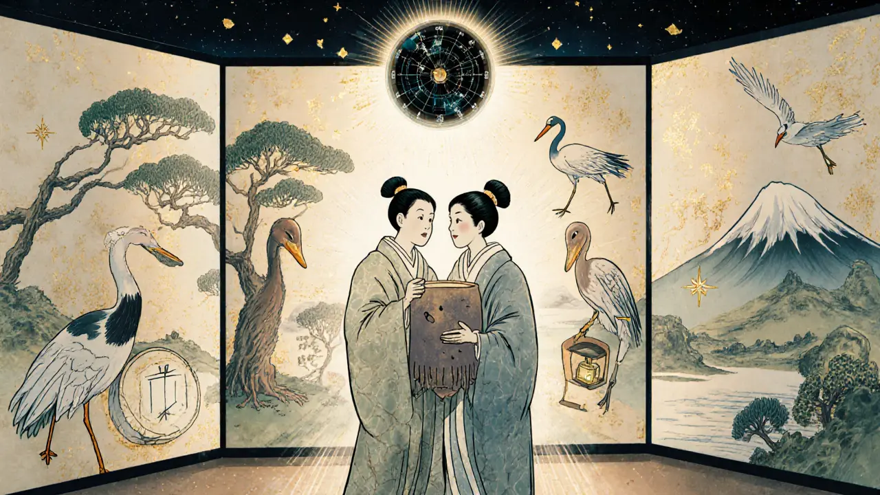 Klient vychází z rozbité masky, zatímco čtyři symbolické tvory a AI světlo navrhují terapeutické nástroje.