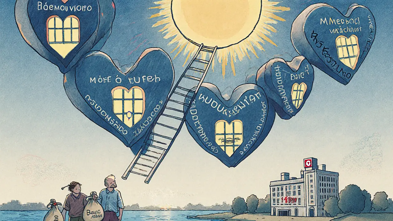 Město s srdci jako budovami, žebřík s větami vede k slunci &#039;Budoucnost&#039;, lidé odpouštějí náklady.