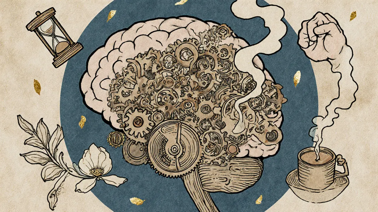 Mozek jako dřevěný hodinový mechanismus s koly v napětí a zastavenými částmi, obklopený symboly stresu.