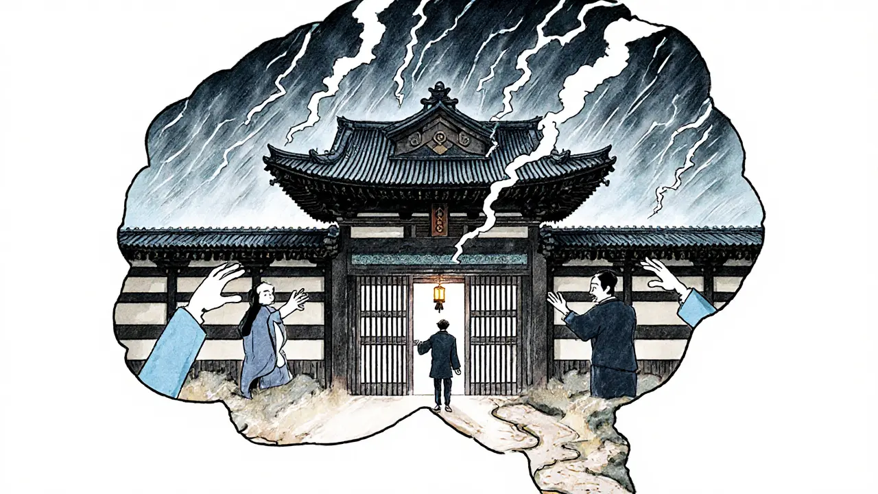 Mozek jako starožitný japonský chrám se zavřenými bránami, symbolizující ochranný shutdown.