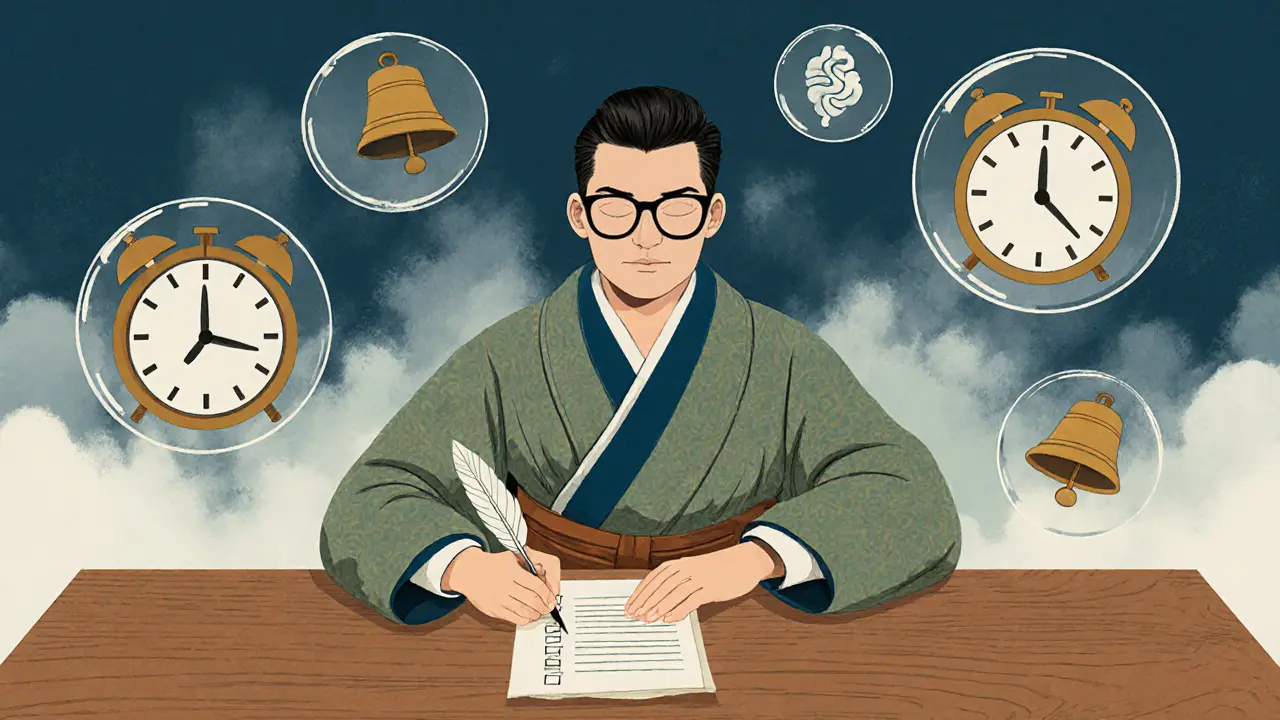 Muž v moderním i tradičním oblečení plánuje den pomocí vizuálních symbolů.