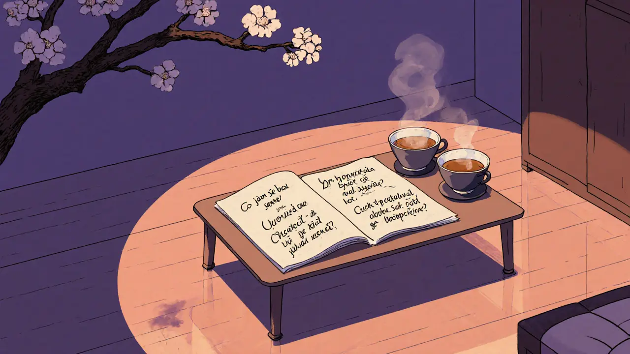 Na stole leží papír s třemi otázkami, dva hrnky s párou, jejich odrazy tvoří kruh.