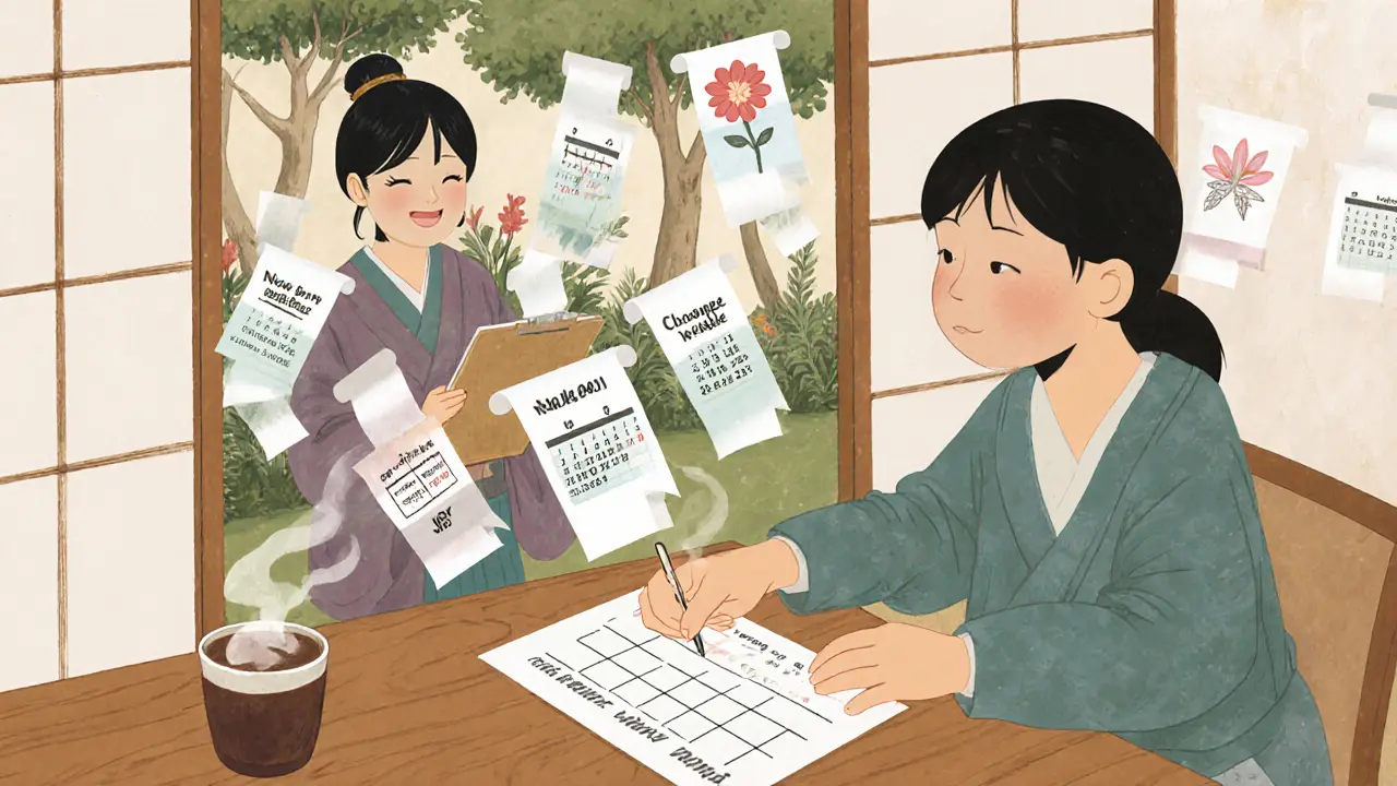 Osoba aktualizuje plán u stolu, kolem ní plavou papírové štítky s novými značkami, venku sedí peer pracovník.