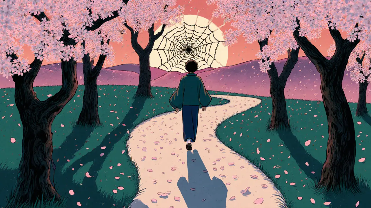 Osoba kráčí skrz kvetoucí sad, její stín je celistvý, zatímco řetězy za ní mizí ve větru.