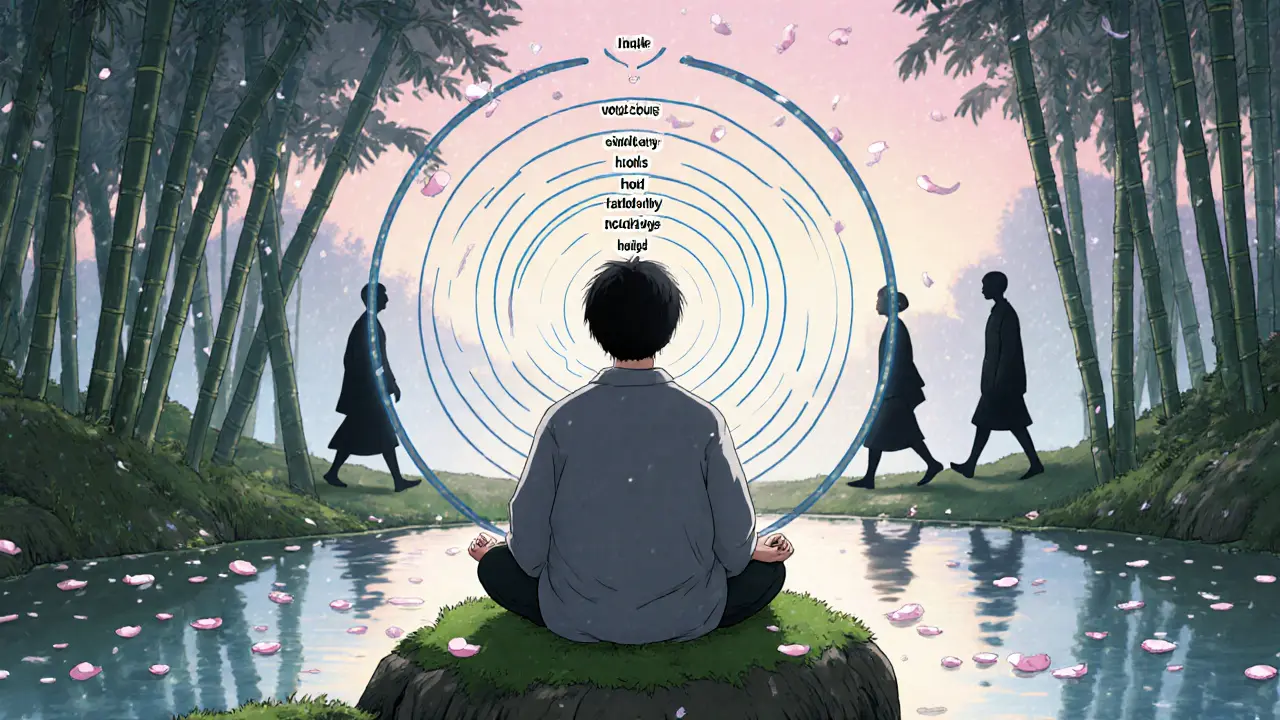 Osoba meditující u jezera, její dech vytváří klidné vlny, kolem květy a klidné osvětlení.