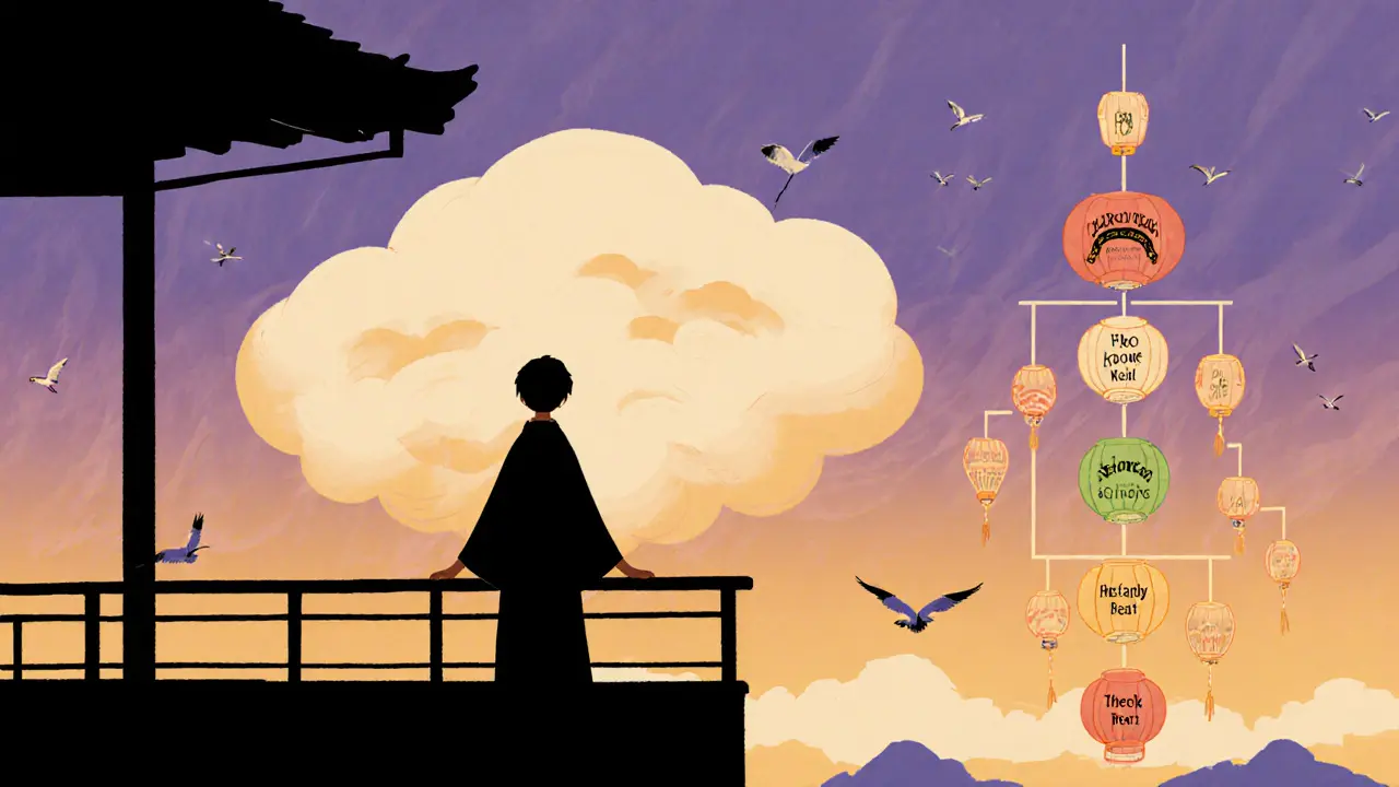 Osoba na balkóně pozoruje, jak strach mizí v obloze s krály.