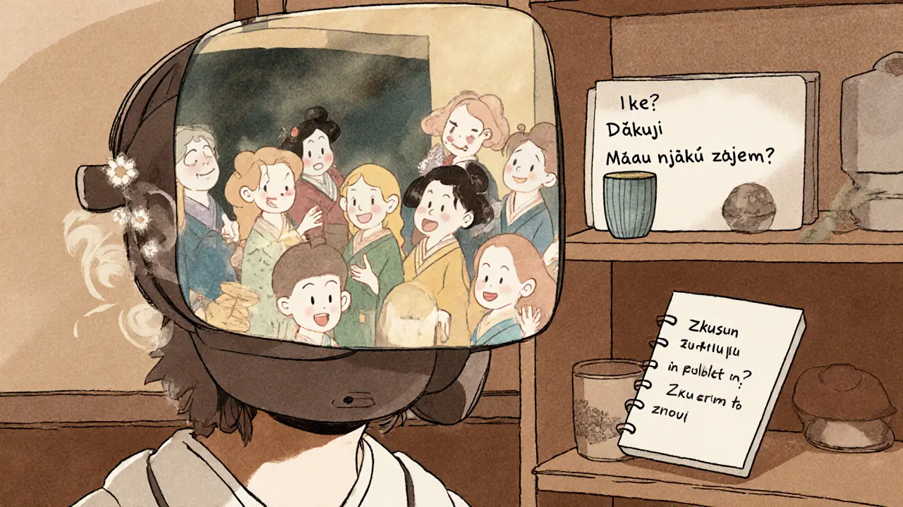 Osoba v headsetu ve své domácnosti zažívá virtuální večírek, v pozadí jsou kroky terapie psané na papíře.