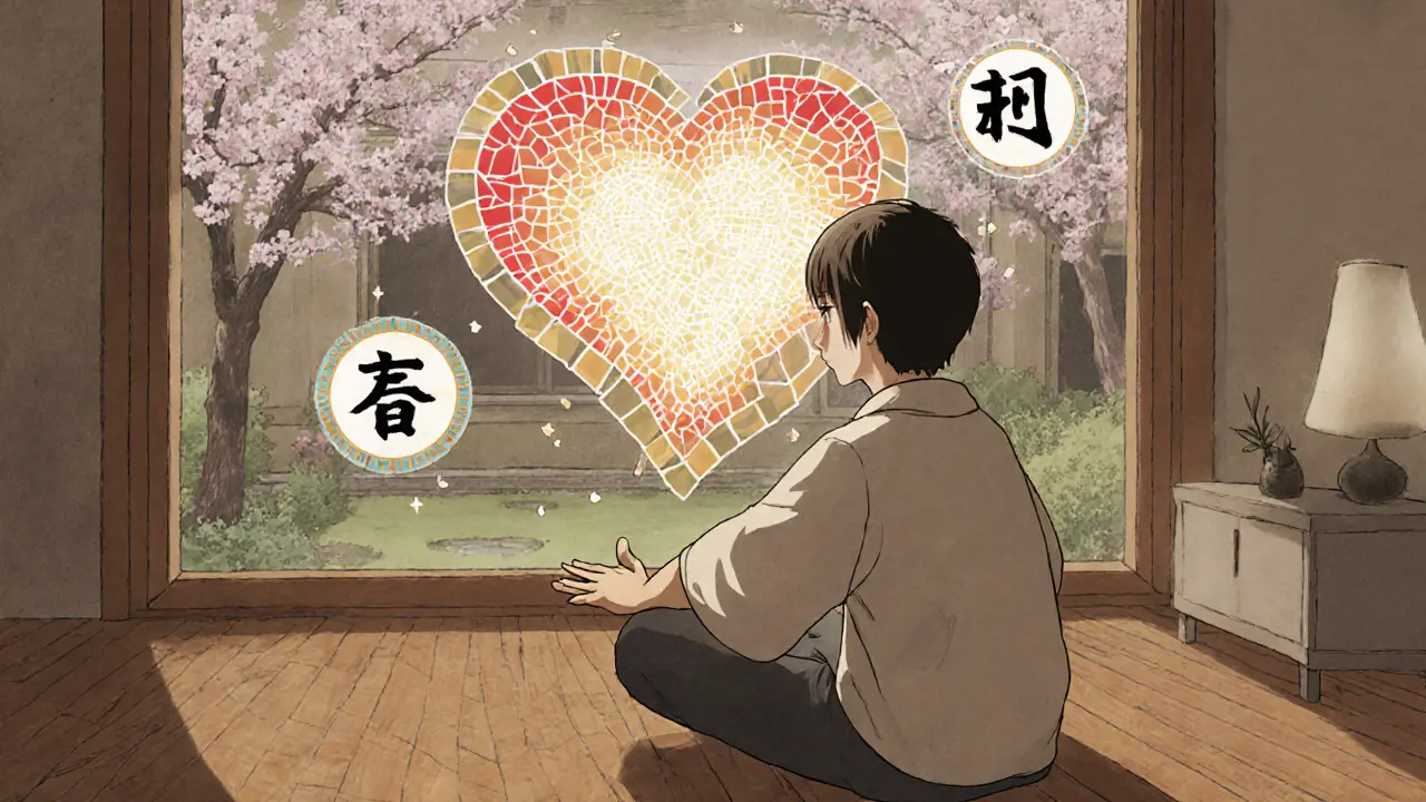 Osoba v józe doma, nad ní se obnovuje srdce jako vitráž, za oknem kvetoucí stromy a jemné slovo &#039;můžu&#039;.