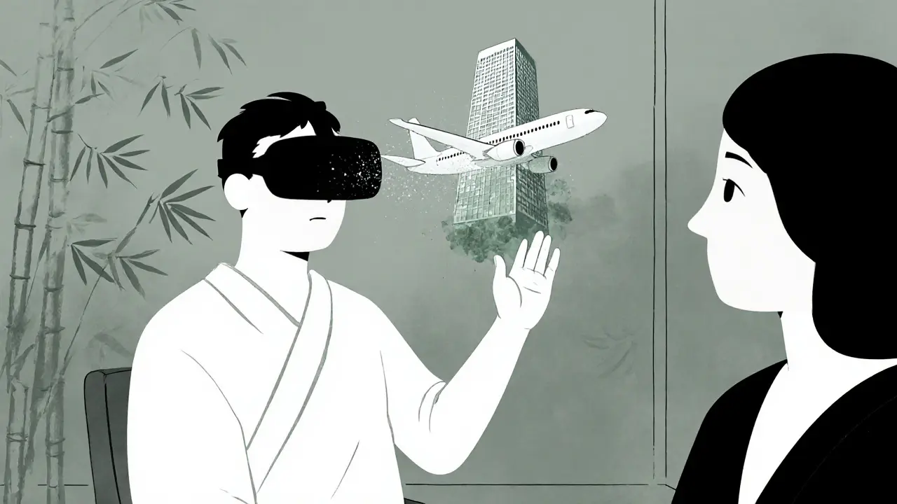 Pacient ve VR brýlích vidí iluze letadla a budovy, terapeut pozoruje.