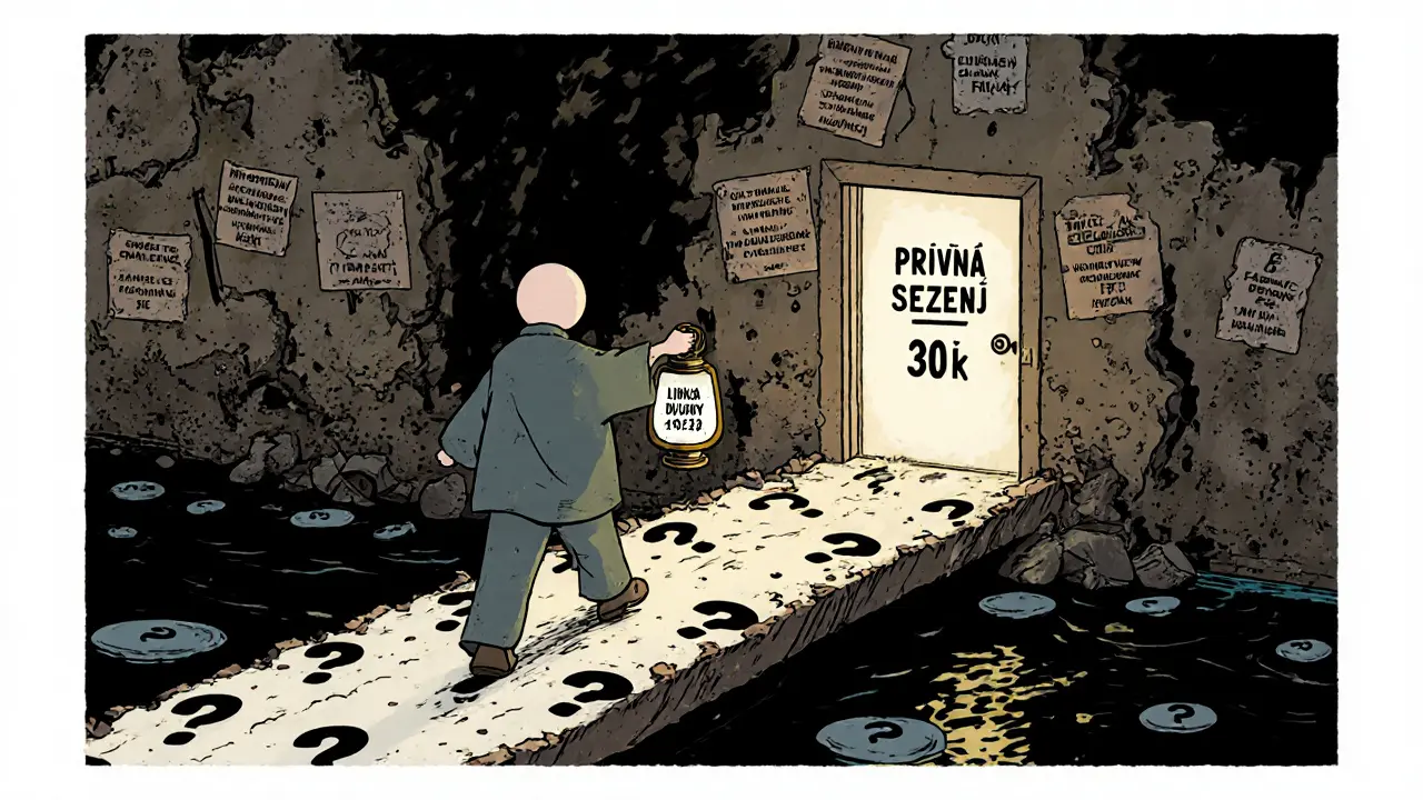 Postava s lampou Linky důvěry kráčí přes most k dveřím prvního sezení.