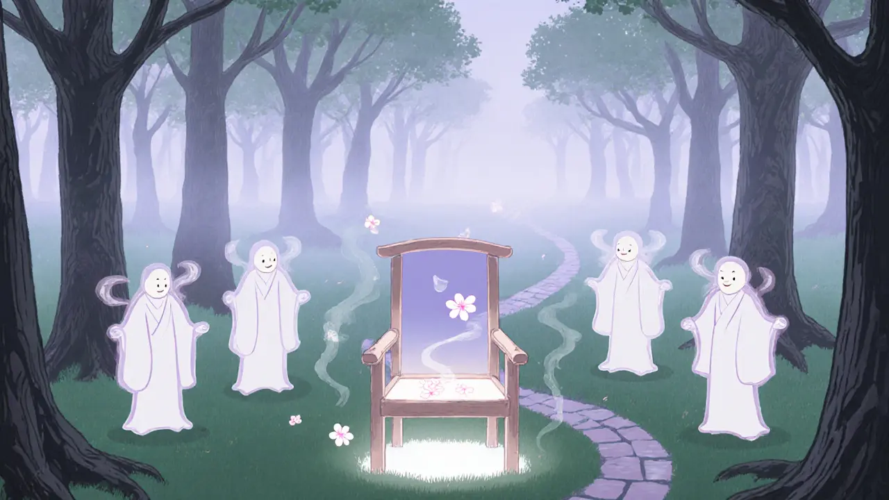 Prázdné křeslo v mlze, obklopené průhlednými duchy terapií, s padající čerstvou květinou.