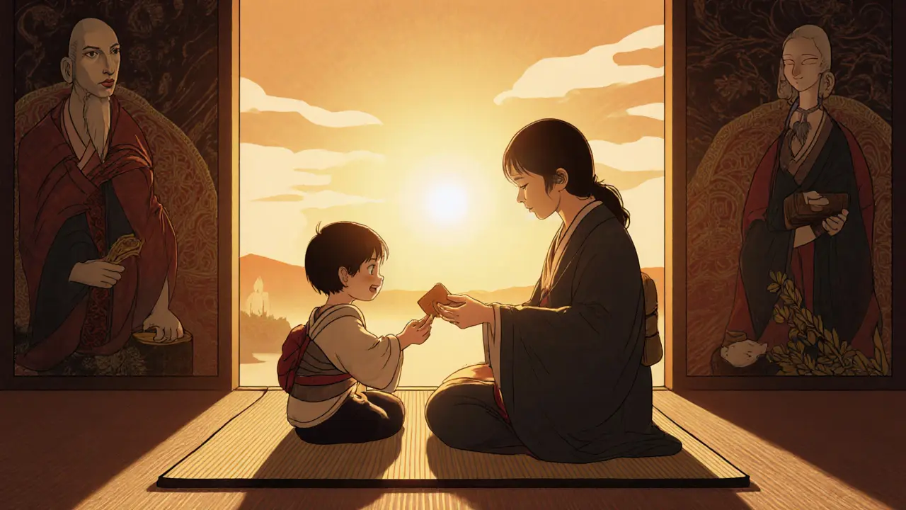 Rodina spolu sedí ve večerním světle, dítě drží symbolický kousek dřeva.