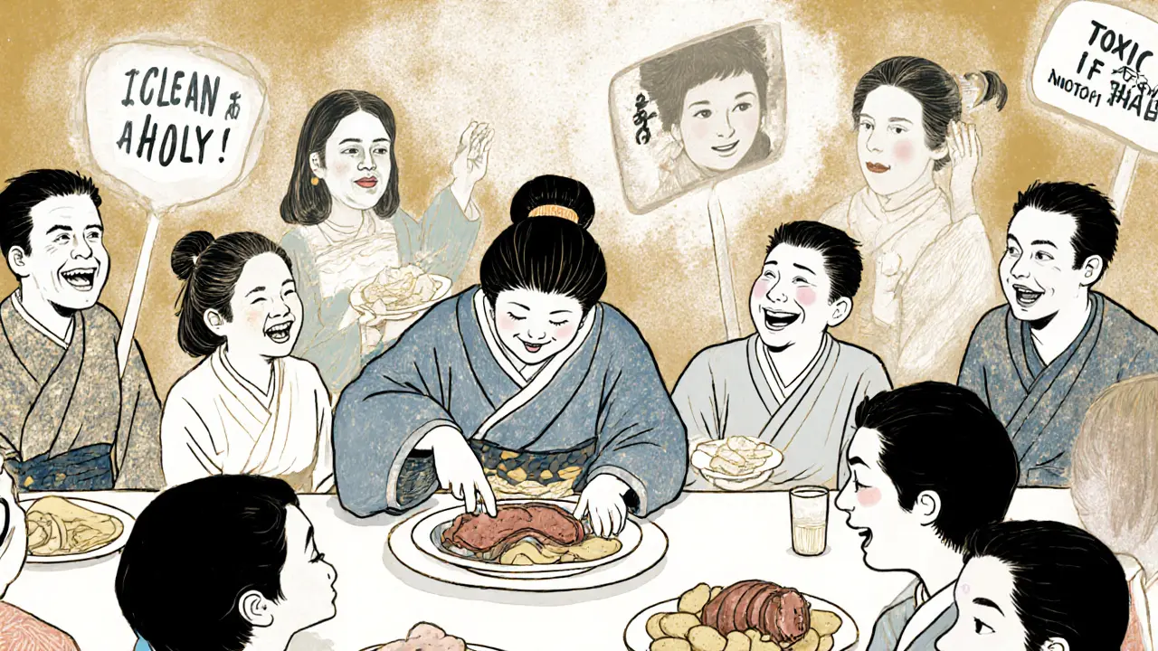 Rodinná večeře, kde žena odmítá jídlo, zatímco kolem ní plavou influencery.