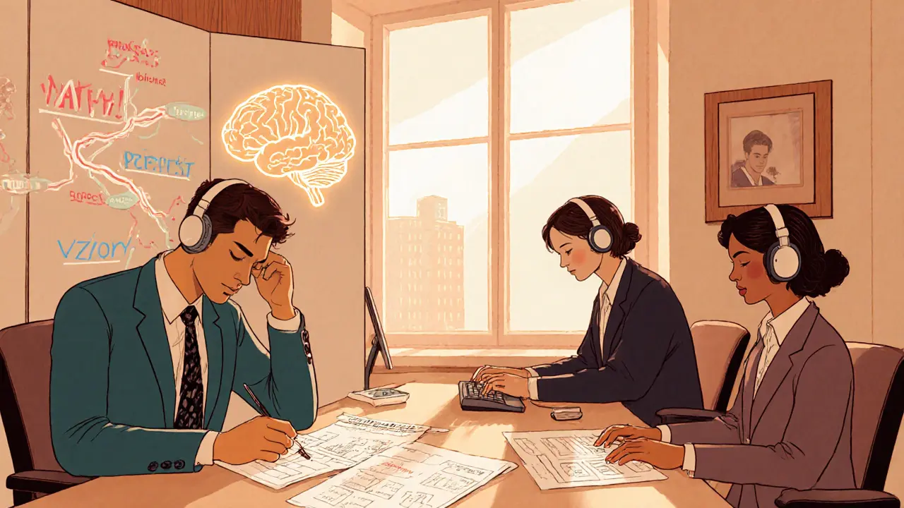 Různí lidé pracují v klidném prostředí, jeden analyzuje diagramy, druhý píše, třetí pozoruje světlo, pozadí ukazuje mozek s označenými silami.