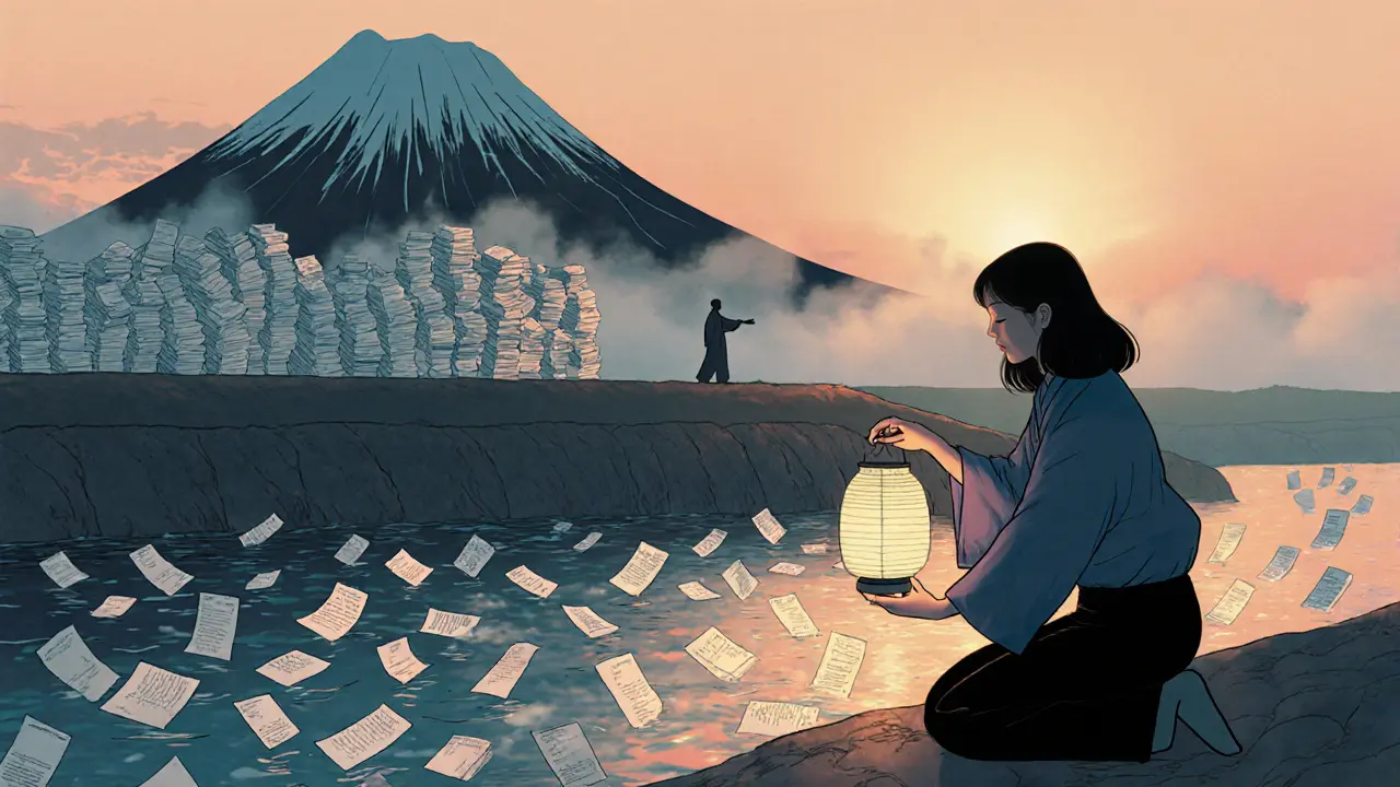 Sociální pracovnice u řeky drží lampion, kolem ní plavou příběhy utrpení.