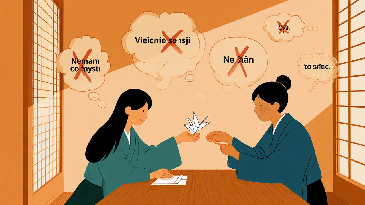 Terapeut a klient sedí u stolu, trénují sociální interakci, v pozadí jsou vymazané negativní myšlenky ve stylu japonského umění.