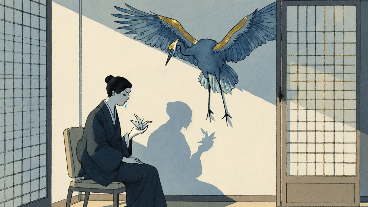 Terapeut a klient v místnosti s papírovými stěnami, stín klienta se mění v křídla žáby.