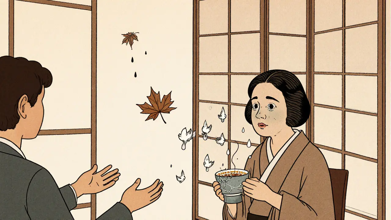 Terapeut a klientka sedí v klidné místnosti, slzy se mění v ptáky, zatímco list padá z okna.