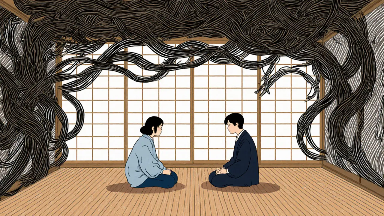 Terapeut a pacient sedí v klidné místnosti, temné nitě se pomalu mění v otevřené linie, symbolizující změnu myšlení.