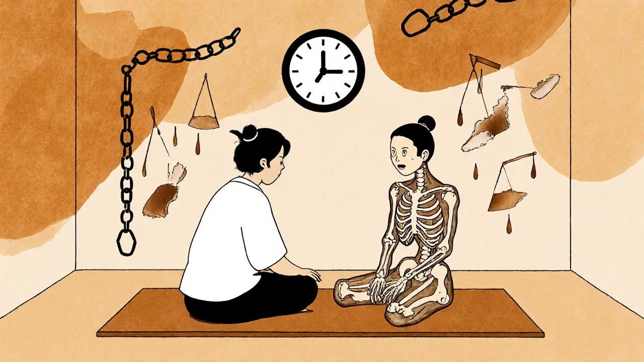 Terapeut a pacientka na tatami, kolem nich symboly nátlaku a vyčerpání.