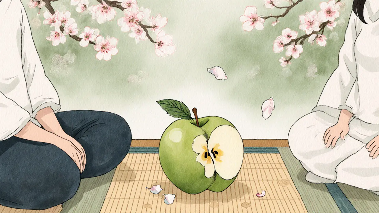 Terapeut a pacientka spolu sedí, mezi nimi jablko s částí poškozenou.