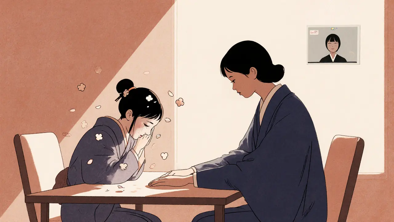 Terapeut klade ruku na stůl, zatímco klient pláče v teplém, klidném prostředí osobní terapie.